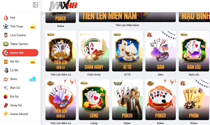 Sảnh game bài Max88 với nhiều trò chơi hấp dẫn